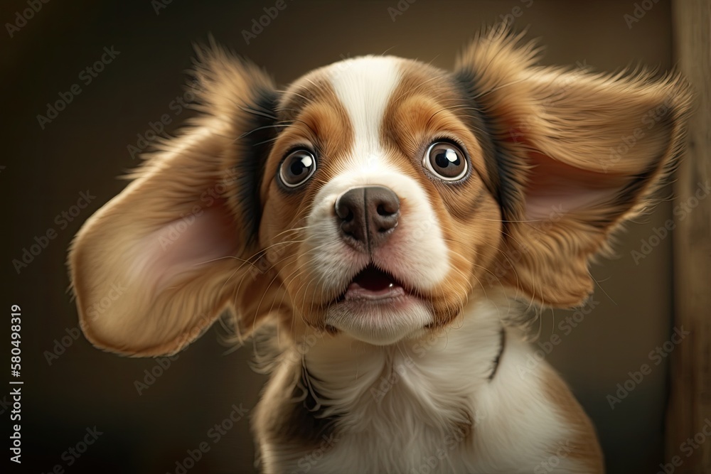 A picture of a cute dog with ears that hang down and a tongue that sticks out. The feeling of surpri