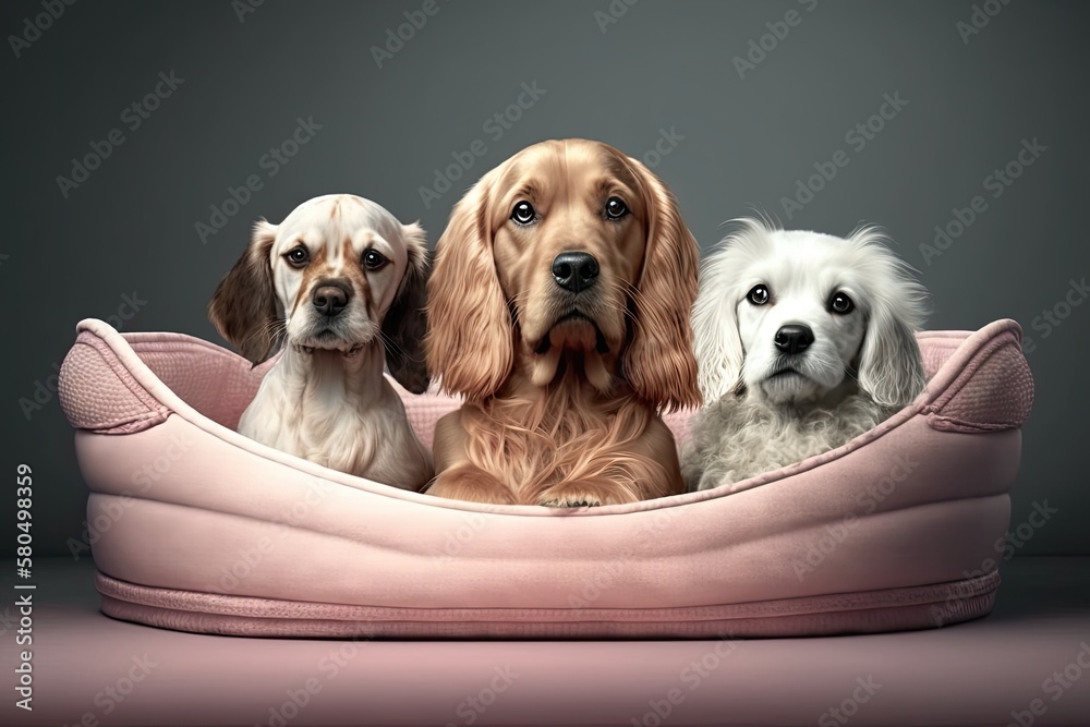 Portrait dogs in pink bed. Care for pets and ideas about animals. Generative AI