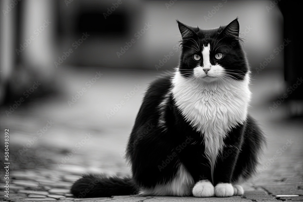 A pretty black and white cat is sitting outside on the street. Animal photography, portrait. Generat