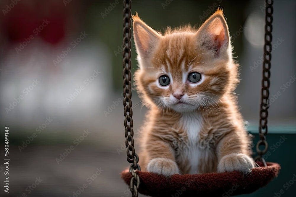 A cute kitten with spots looks right at the camera. A red kitten on a garden swing in the street. Ge