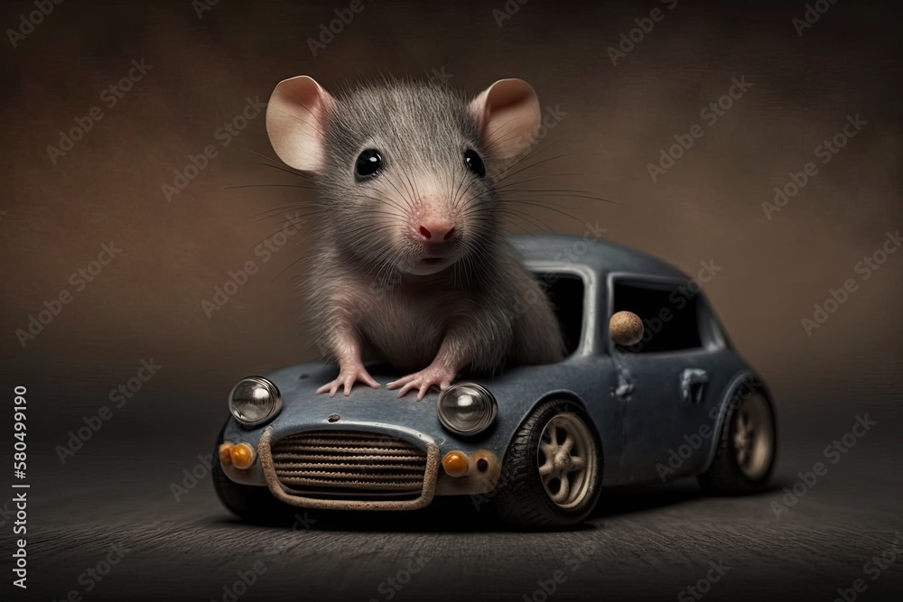 Portrait of a baby rat with a toy car taken in a studio. Generative AI