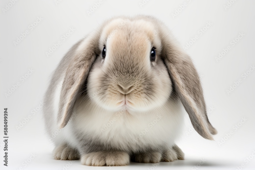 Close up of a Lop Rabbit looking at the camera in front of a white background. Generative AI