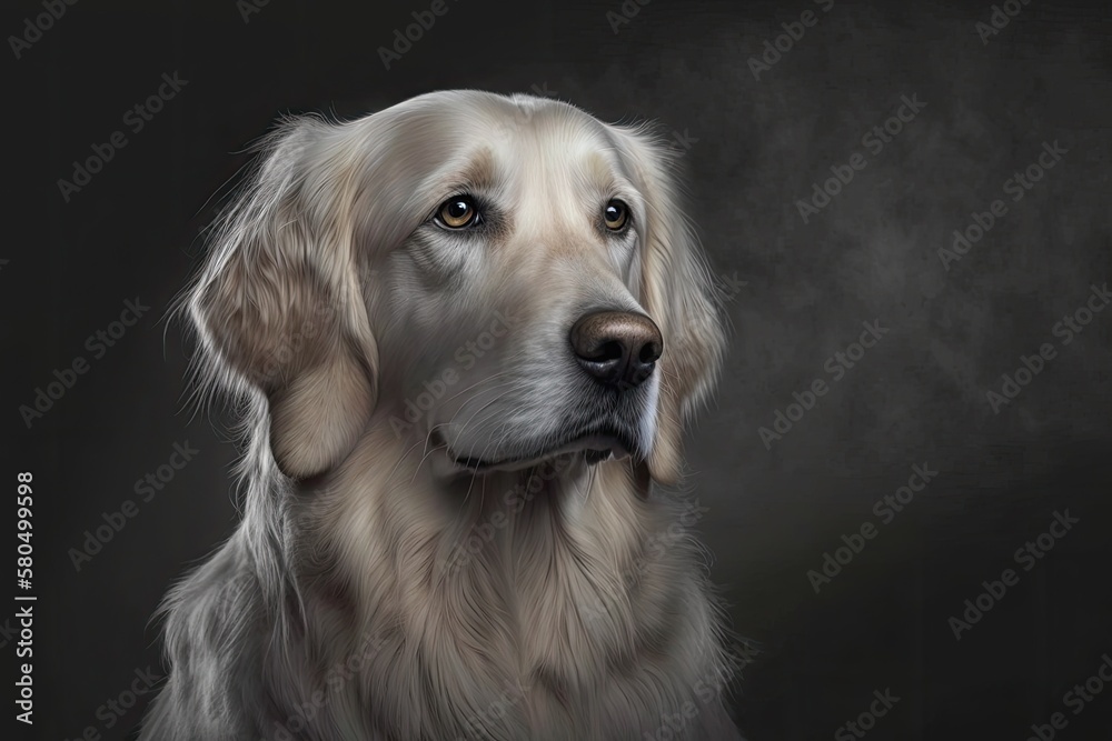 The dog is a golden retriever, and the background is gray. Generative AI