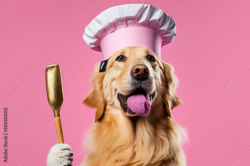 On a pink background, there is a dog wearing a chefs hat and holding a spatula in his mouth. Golden