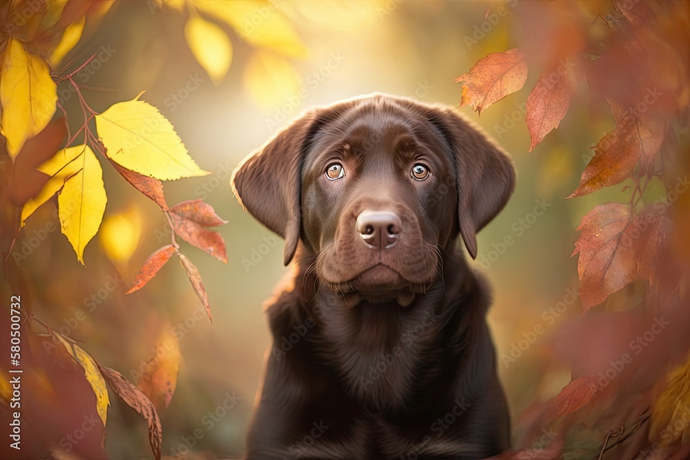 Portrait of a happy, cute brown Labrador Retriever puppy against a background of leaves. Head shot o