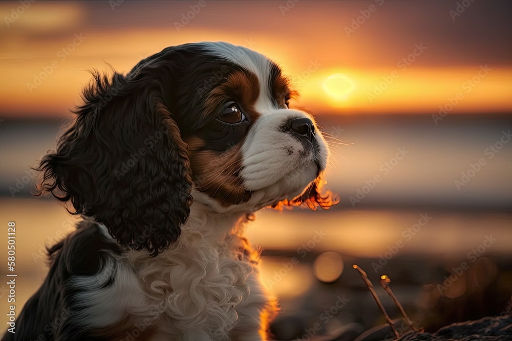 A picture of a King Charles Cavalier puppy at sunset. This is a very kind and great pet for a family