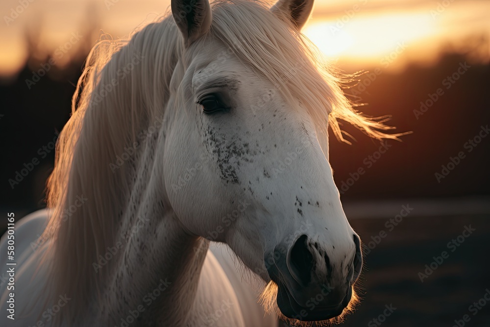 Sunset with a horse in the sun. Farm animals. Close up picture of a white horse with a white mane. A