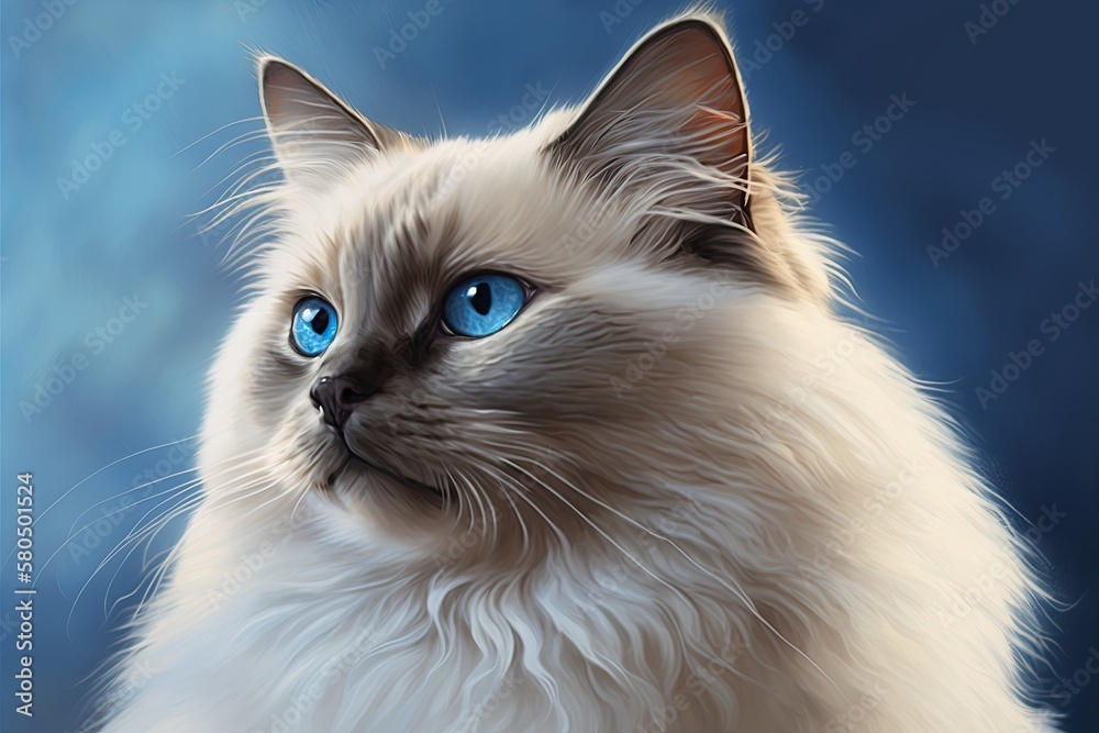 fluffy blue point a picture of a birman cat with blue eyes on a blue background with space to write.