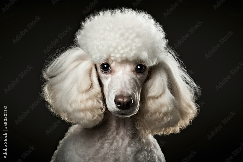 Portrait of a white Royal Poodle dog looking at the camera, isolated on a black background, front vi