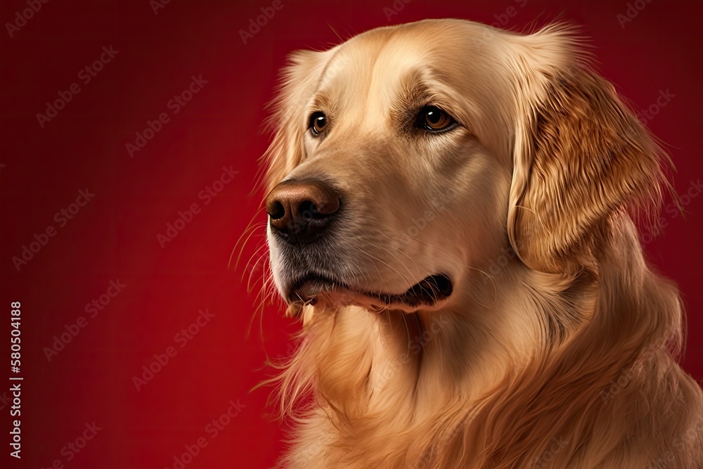 Studio picture of a golden retriever dog on a red background. Generative AI