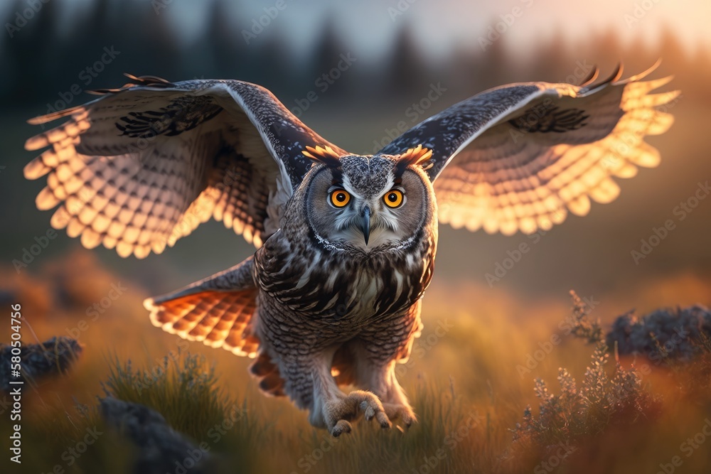 Face a bird in the air with its wings open in a grassy field. Eurasian Eagle Owl, Bubo bubo, animal 