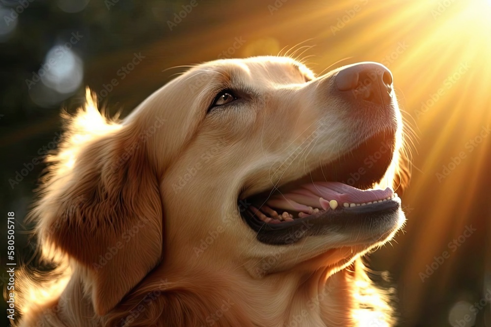 A square picture of a Golden Retriever facing the sun. Generative AI