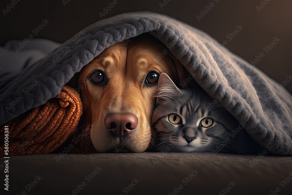 Together, a dog and a cat. At home, a dog hugs a cat under the rug. When pets get along. Generative 