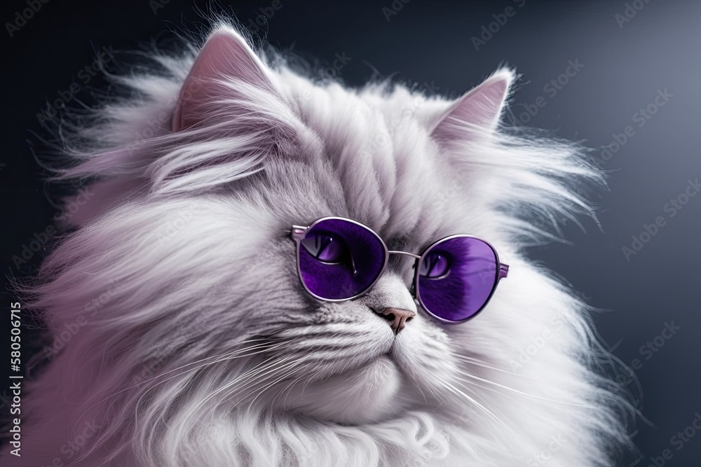 A picture of a straight, fluffy, highland cat with round sunglasses and long hair. Fashion, style, a