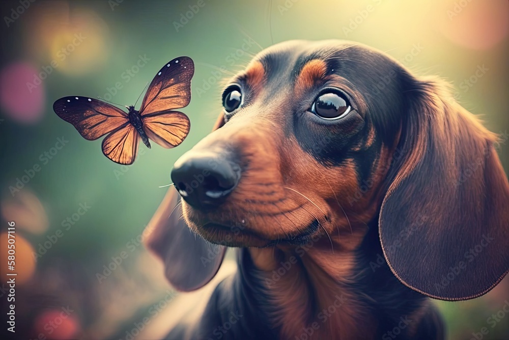 A cute dachshund in a public park with a butterfly on its nose, toned with a retro vintage Instagram