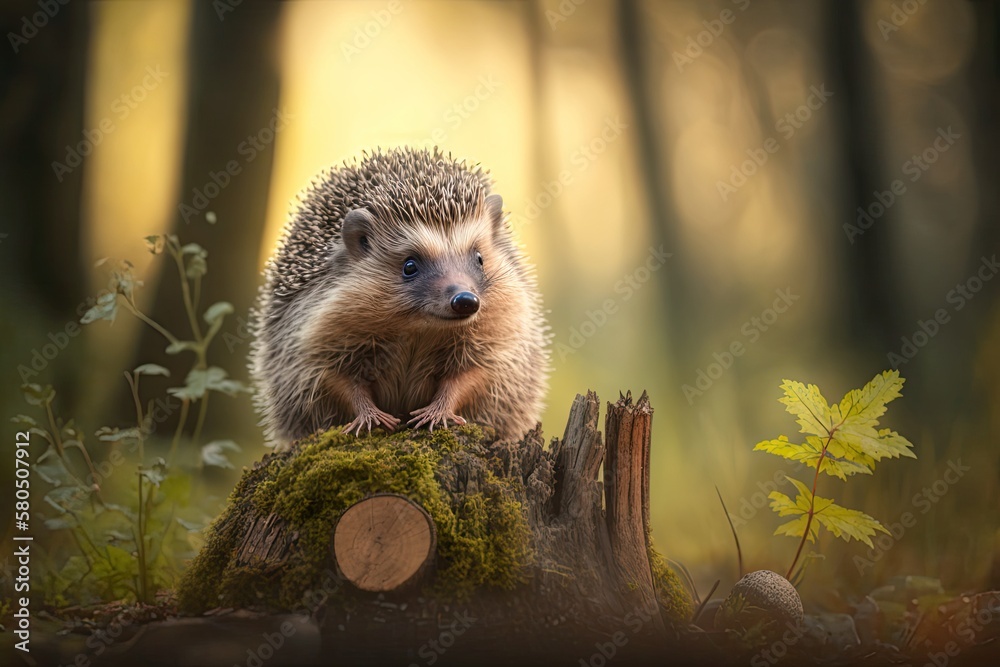 A cute common hedgehog sitting on a stump at dawn in a spring or summer forest. A beautiful young he