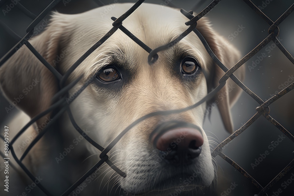 Behind the fence at an animal shelter is a picture of a sad and lonely stray labrador that had been 