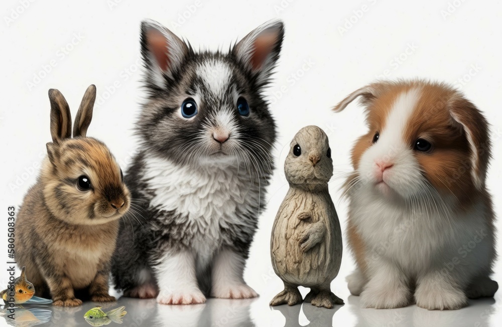 On a white background are a puppy, a kitten, a parrot, a rabbit, and a hamster. Generative AI