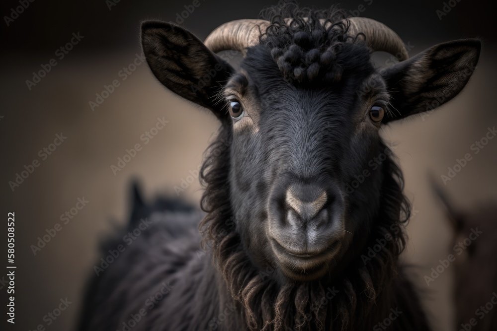 Funny goat. Close up portrait of the head of a black goat that looks silly, with a shallow depth of 