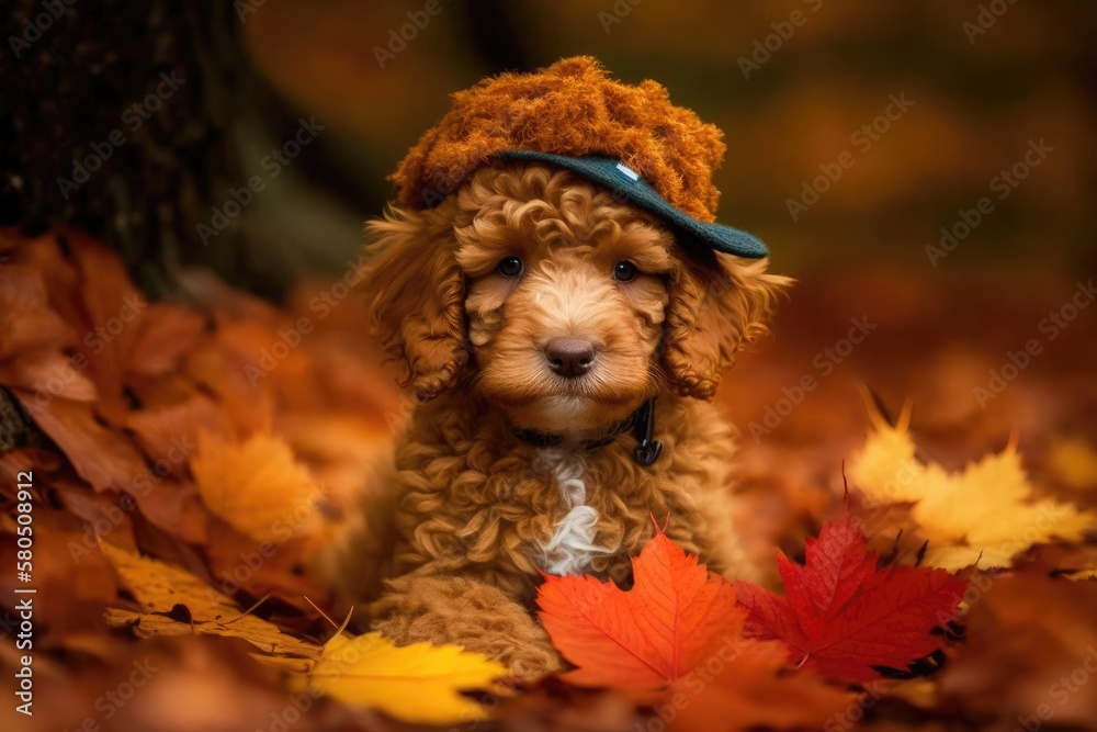 A cute poodle wearing a coat and hat sits on a carpet of maple leaves in a park in the fall. This is