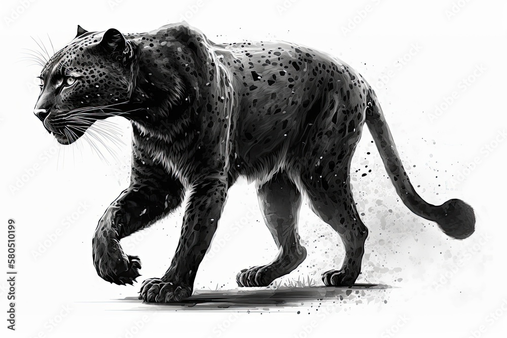 Walking black panther on white background. Generative AI