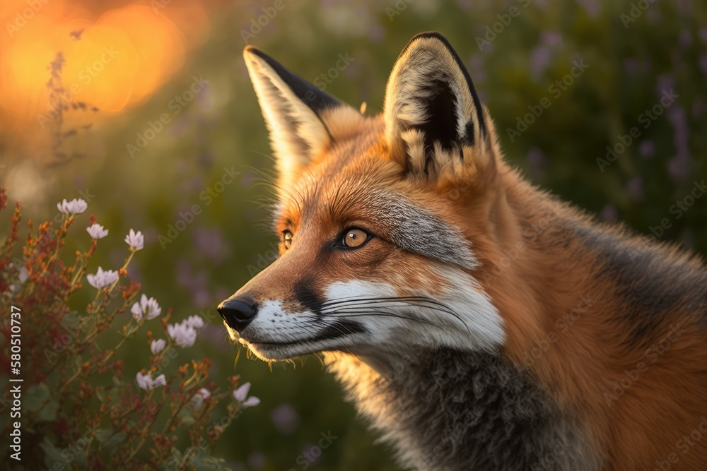 A close up of a red fox (Vulpes vulpes) in a garden in the evening, UK. Generative AI