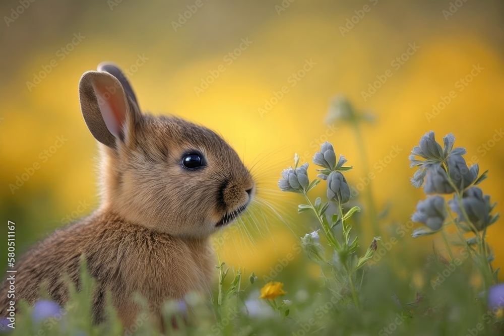 A young rabbit in the background smells a flower. Generative AI