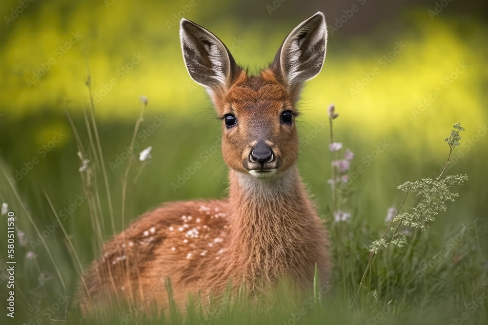 Capreolus capreolus, a young wild roe deer in the grass. Young roe deer in the wild in the spring. G