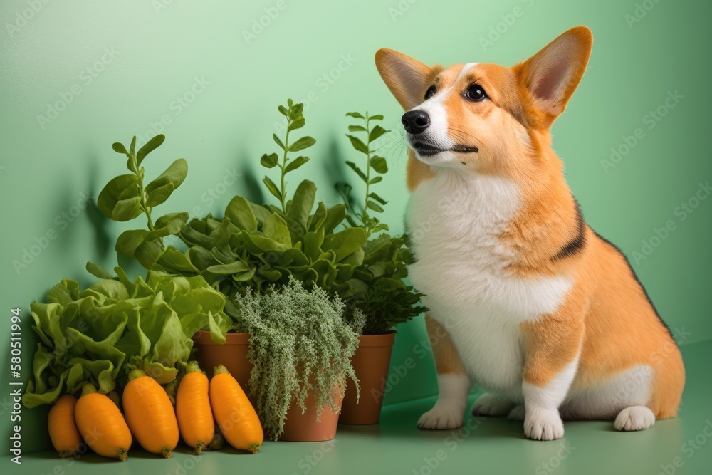 Cute Corgi dog with herbs and vegetables near a color wall. Generative AI