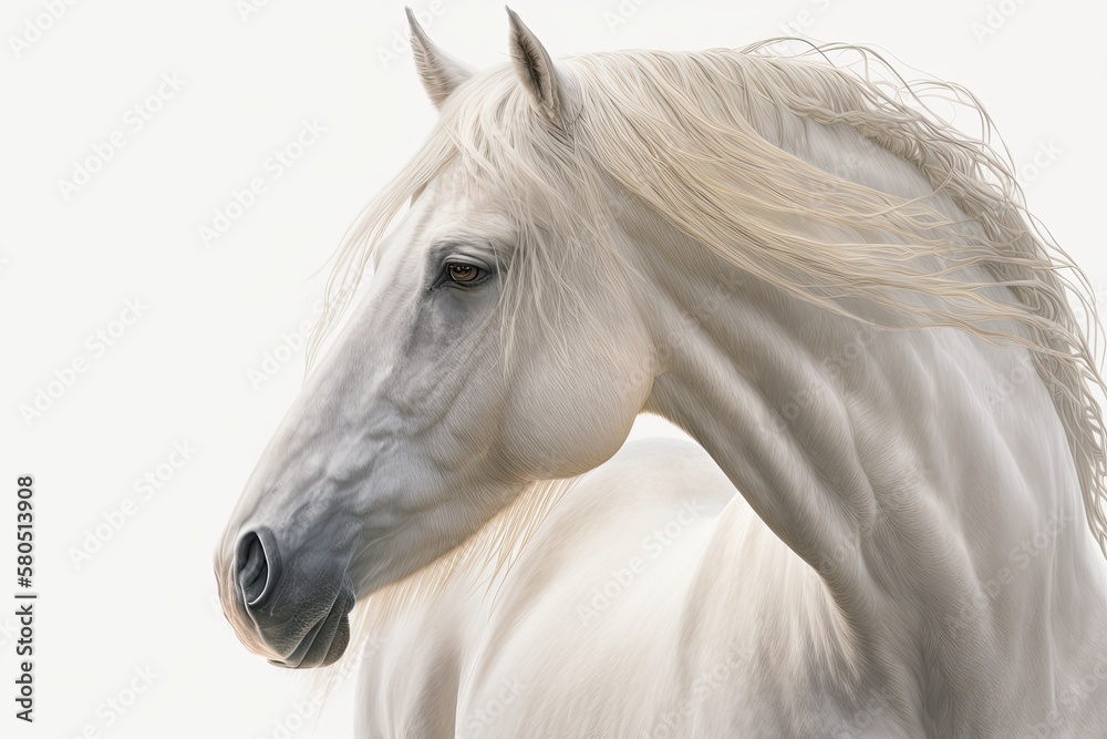 A moving portrait of a white horse on a white background. Generative AI