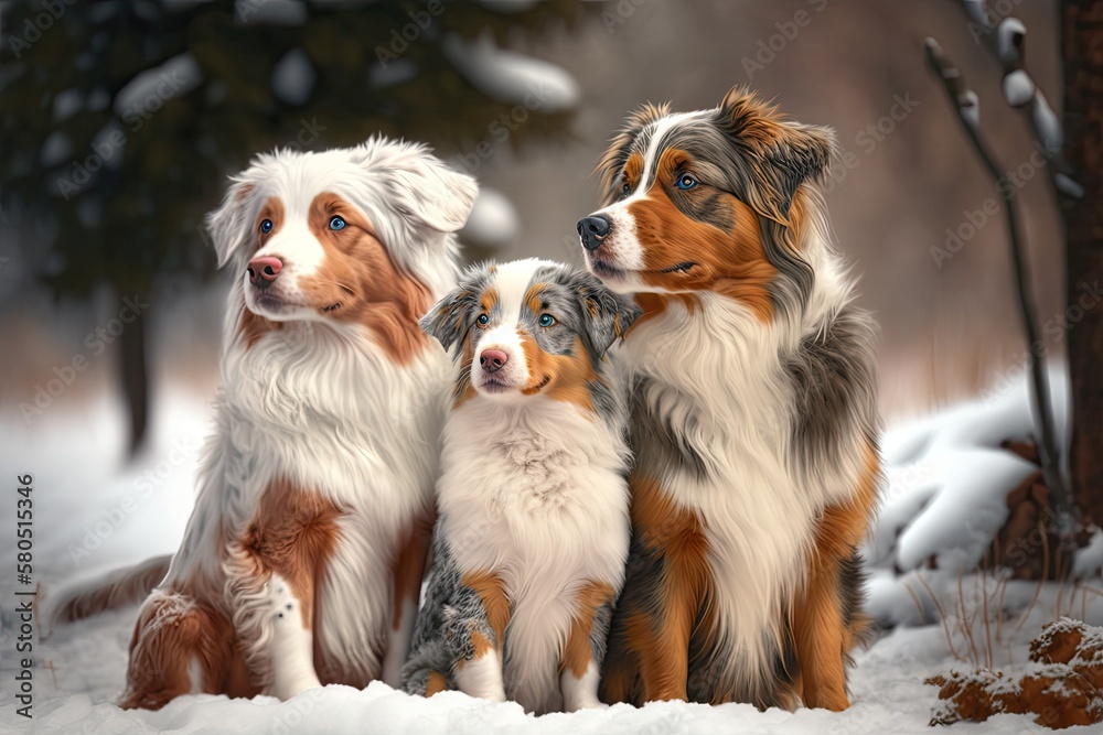 Two red merle and tricolor aussie puppies and their mother dog sit next to each other in the snow in