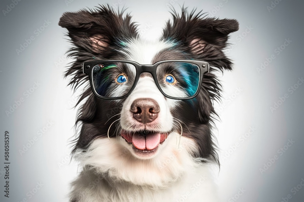 Happy Birthday idea for a party. Funny cute puppy dog border collie wearing birthday silly eyeglasse