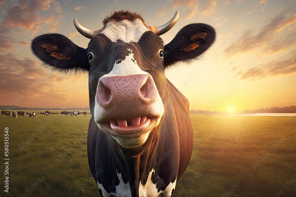 One happy cow in a field at sunset. Generative AI