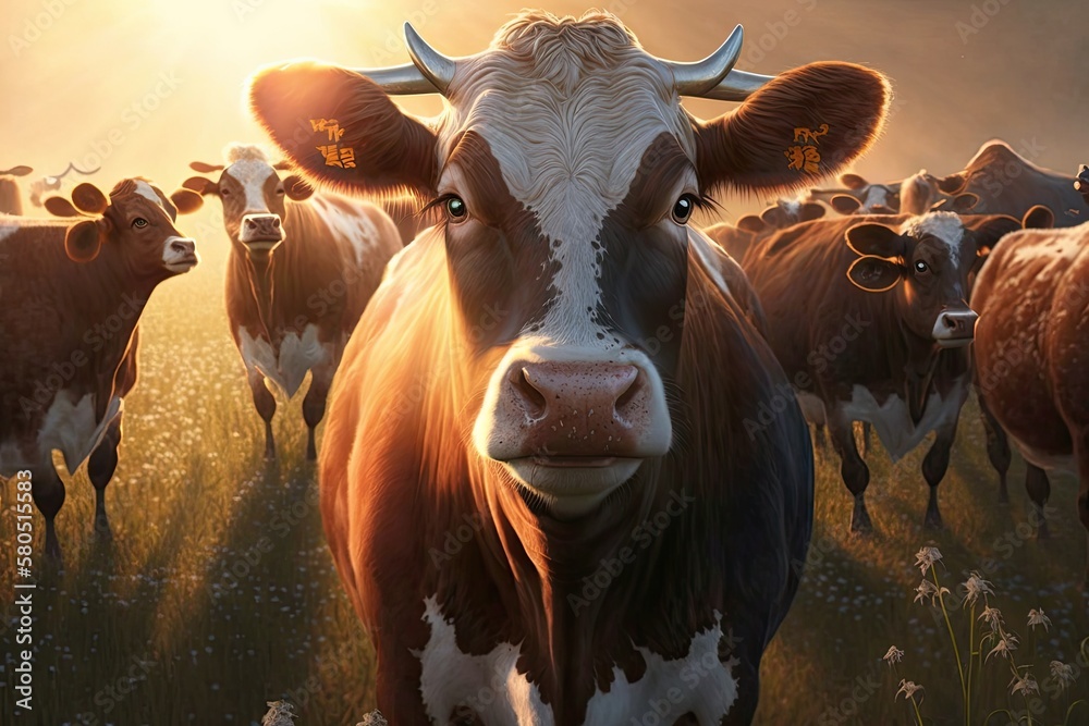 At dusk in the summer, cows herd on a grassy field. A cow looks at the camera, and the sun is shinin