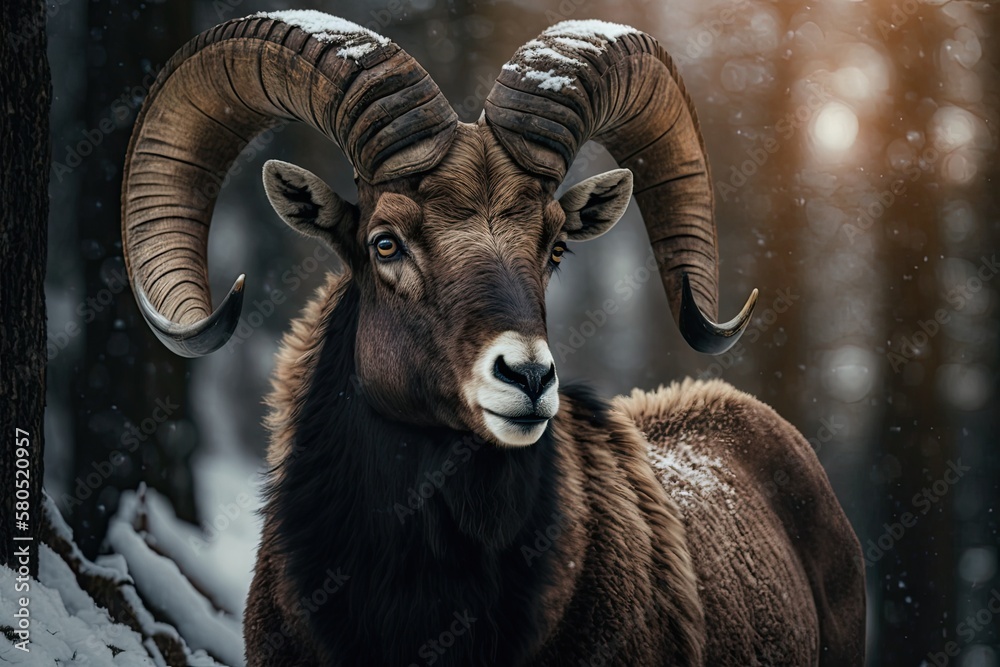 A picture of a big forest animal in the winter. Mouflon, Ovis orientalis, animal with horns that liv