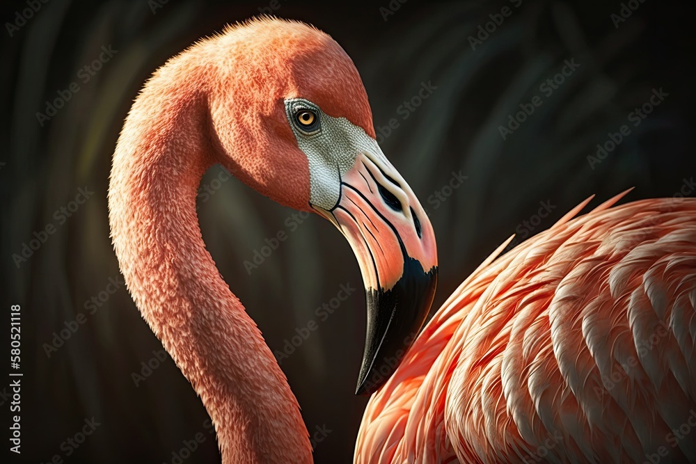 Close up of a male flamingo in the wild, lit only by the sun. Generative AI