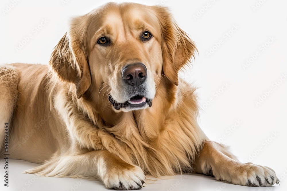 Golden Retriever dog panting and looking at the camera while lying on a white background. Generative