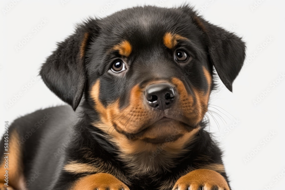 A picture of a young black and tan Rottweiler, set on white. Generative AI