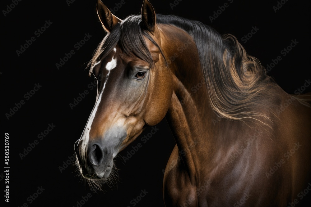 Elegant horse portrait on black background, Horse on dark background, Portrait of chestnut horse, is