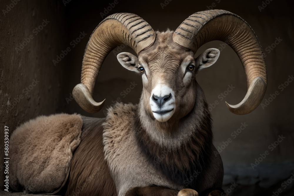 Ovis Amon. a big horned ram. Argali. Generative AI