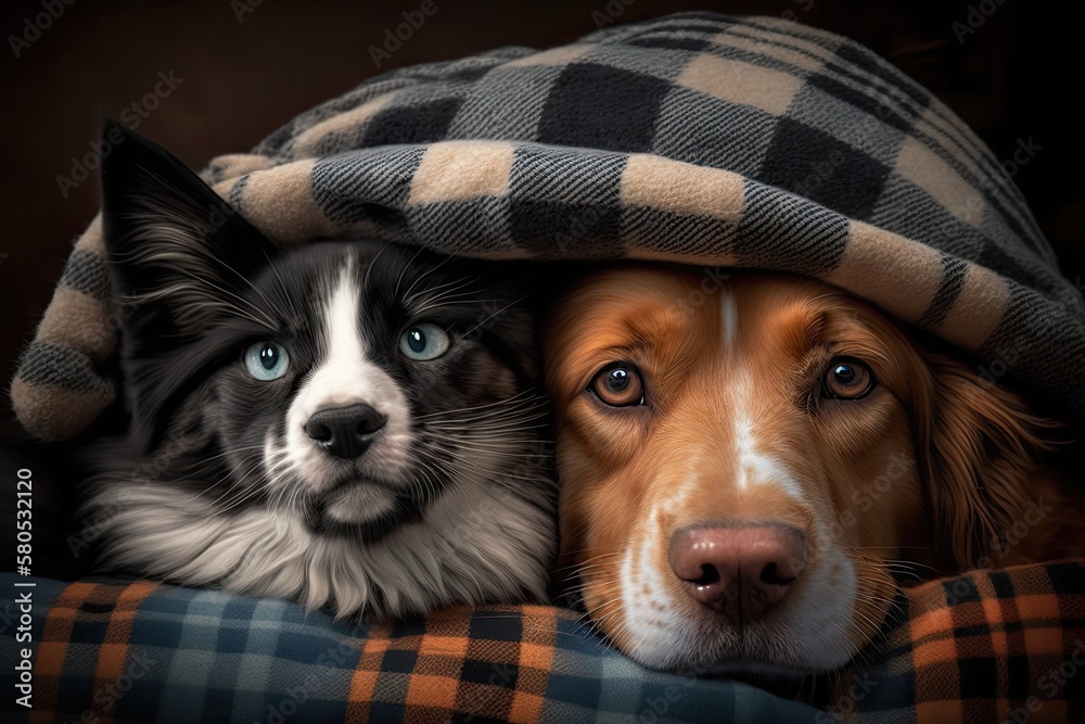 Dog and cat are staying warm at home by wearing hats and lying under warm blankets. Dog and cat toge