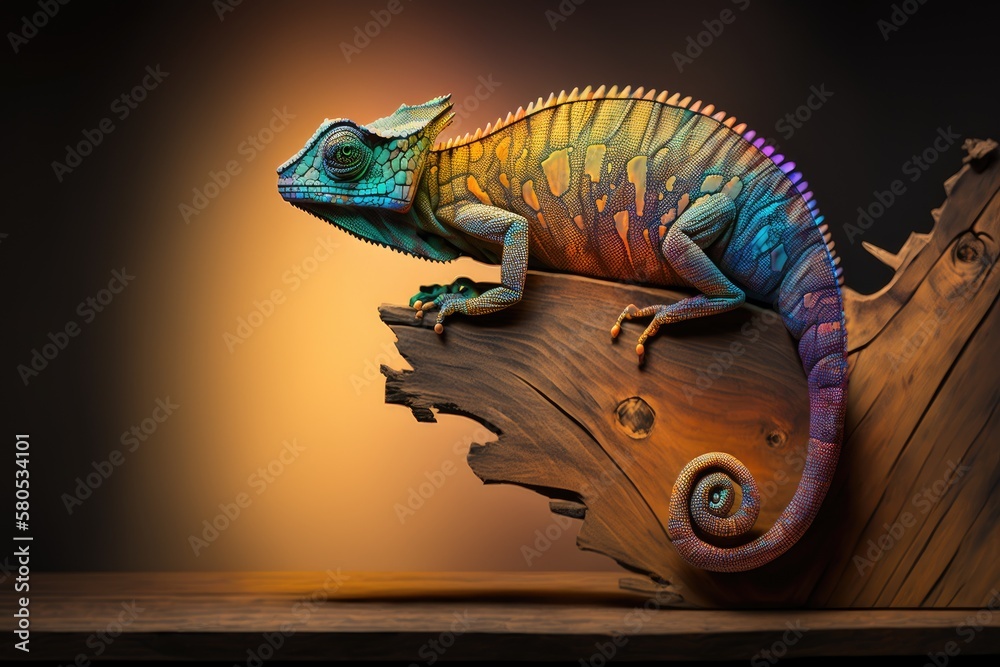 The chameleon sits on a piece of wood with a background that changes color from light to dark. Gener