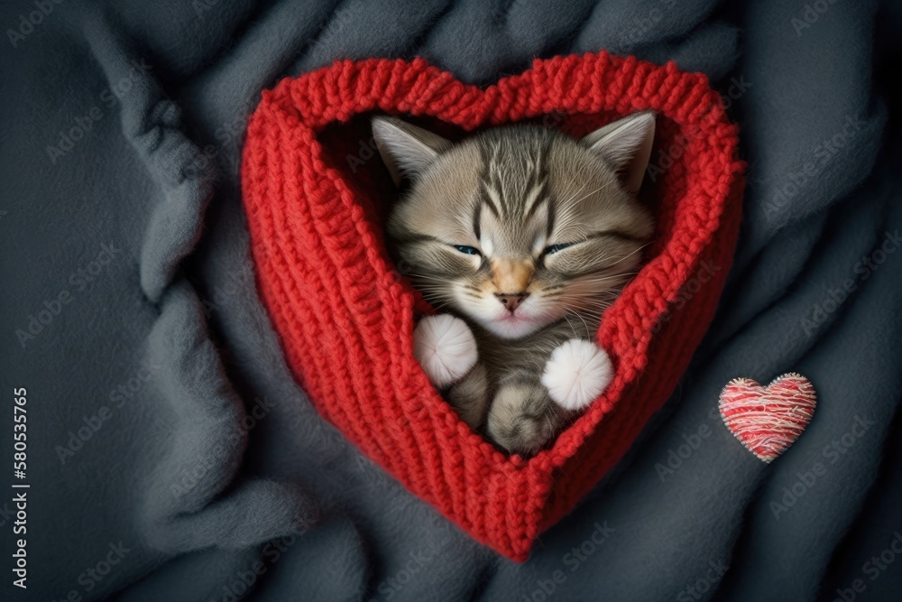 The kitten is sleeping on a bed with a red heart under a blanket. Valentines day concept. Top down v