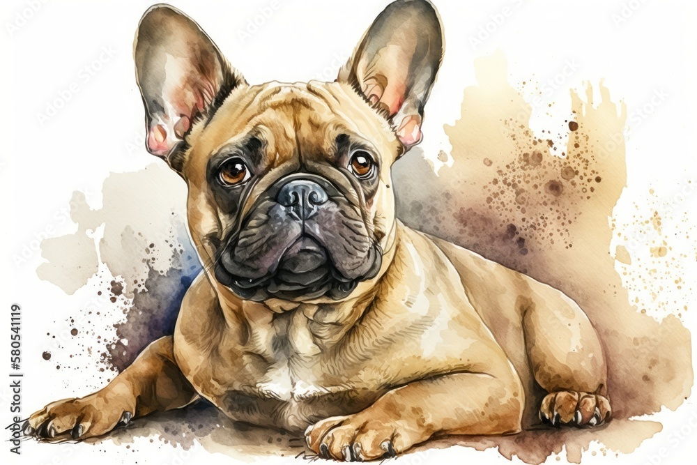 Watercolor drawing of a cute French Bulldog breed of dog. Generative AI