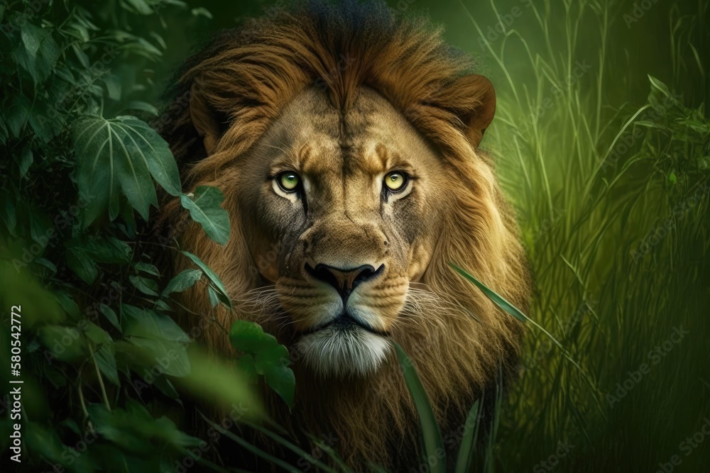 Big cats in the animal kingdom an African lion in the green grass of a forest. Generative AI