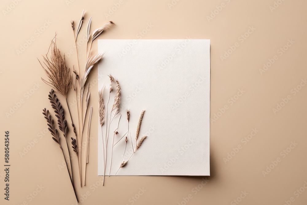 White paper empty blank dried grass decoration on beige. Illustration AI Generative