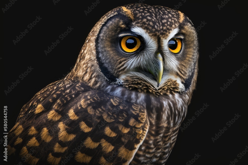 On a black background, a close up of a Great Spotted Owl. Detail bubo bubo. Black background with an