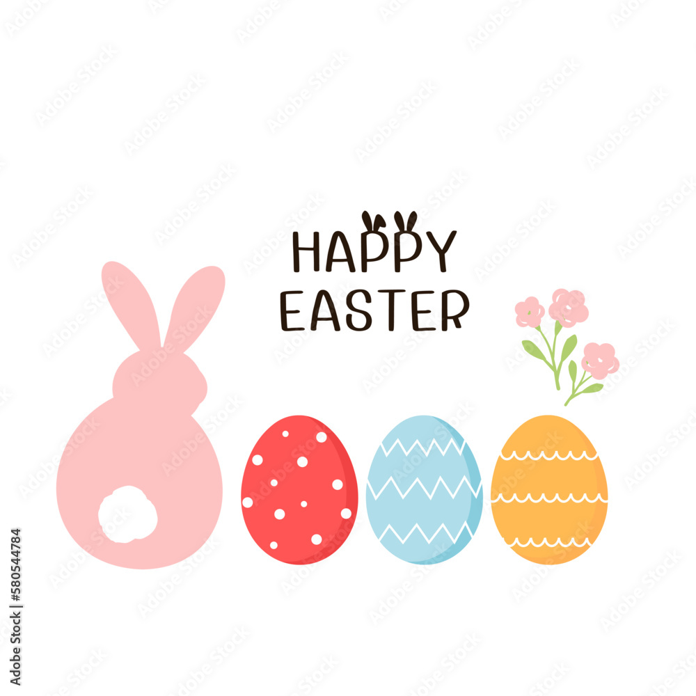 Happy Easter with pink rabbit cartoon, Easter eggs, pink flower and hand written fonts isolated on w