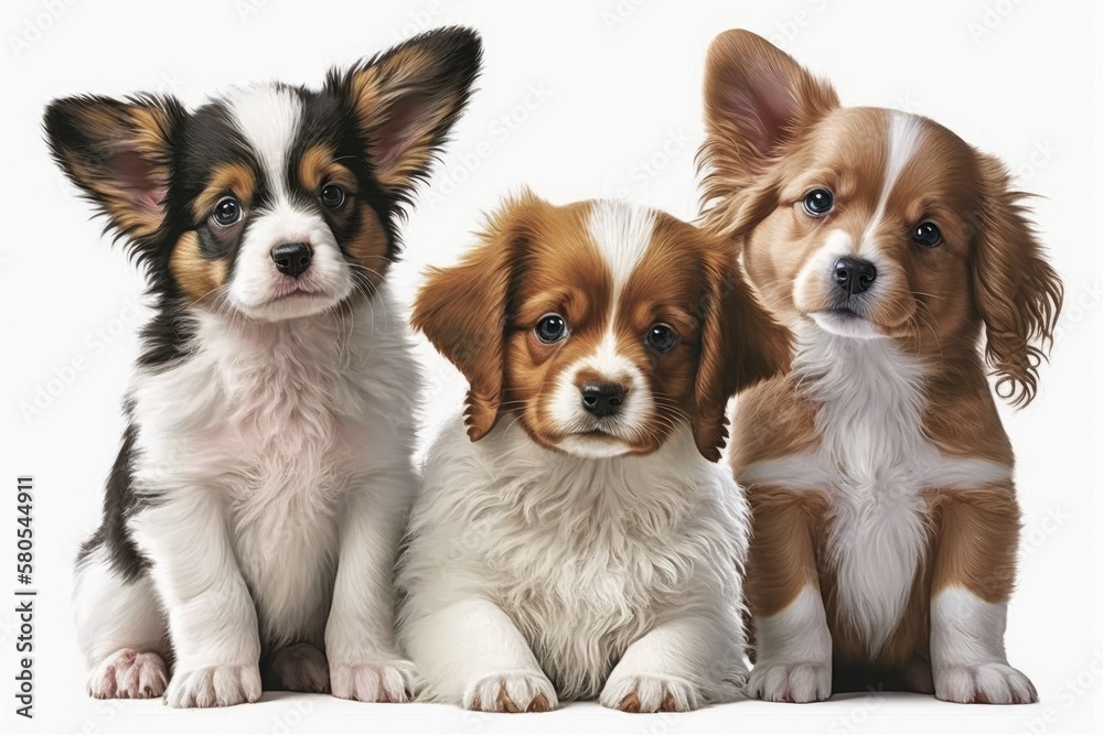 There are three cute dogs on a white background. Generative AI