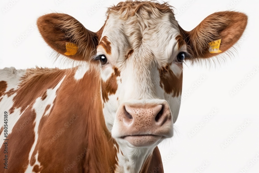 Isolated on white cow, smiling, portrait of a calm and experienced cow, gentle look. Generative AI